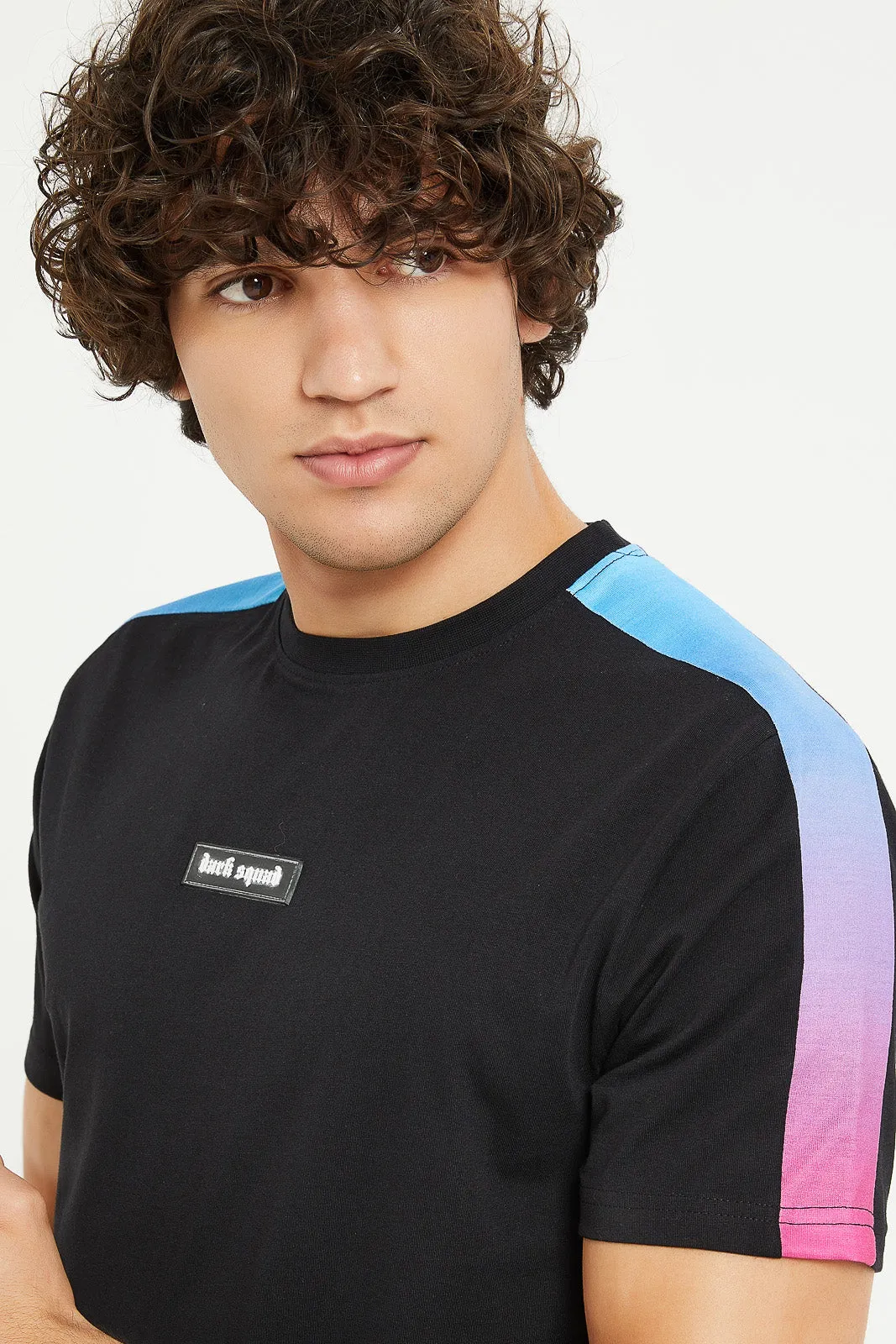 Men Black T-Shirt With Ambre Shoulder Tape