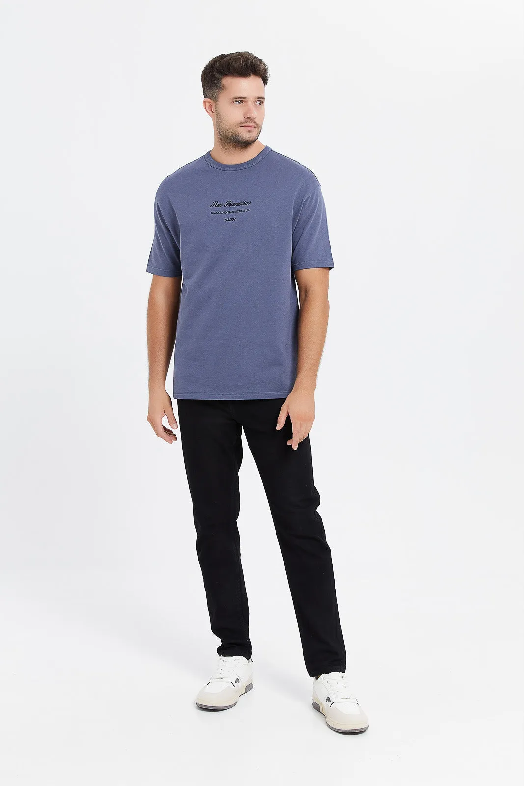 Men Blue Oversize Embroidered Lounge T-Shirt