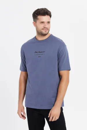 Men Blue Oversize Embroidered Lounge T-Shirt