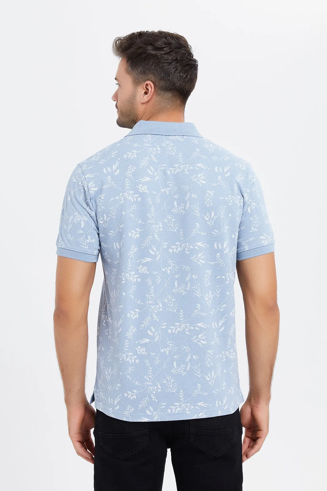 Men Blue Printed Jacquard Polo Shirt