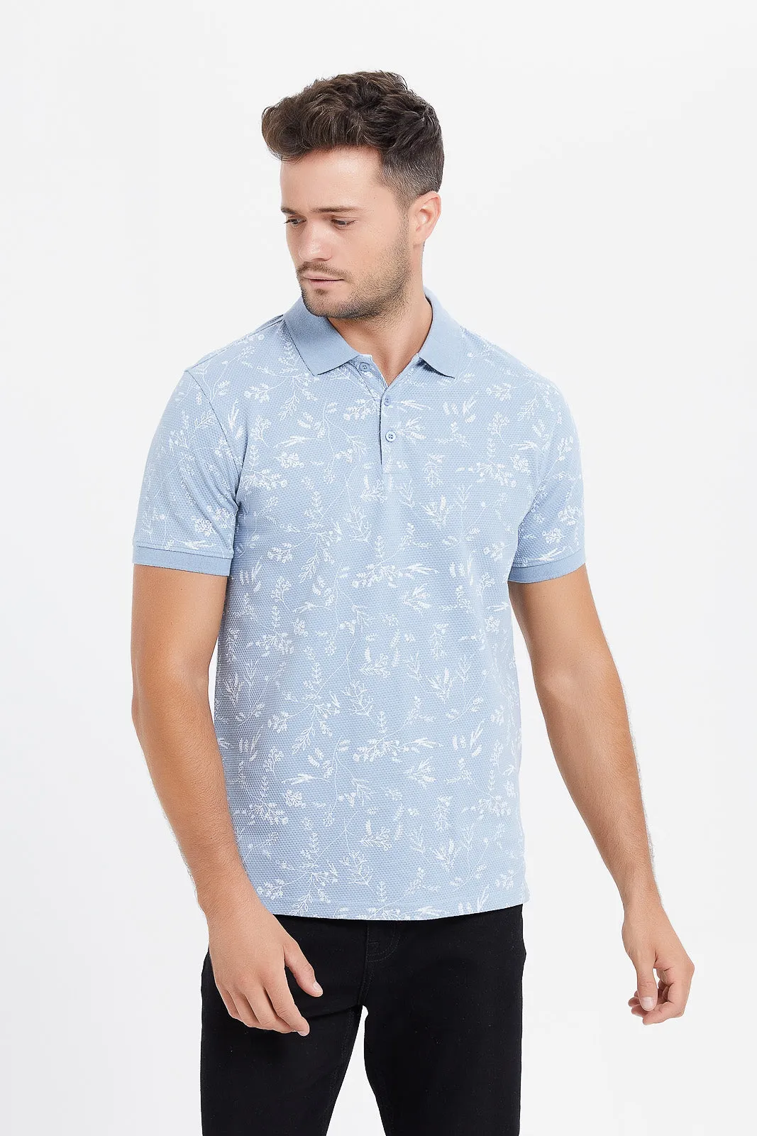 Men Blue Printed Jacquard Polo Shirt