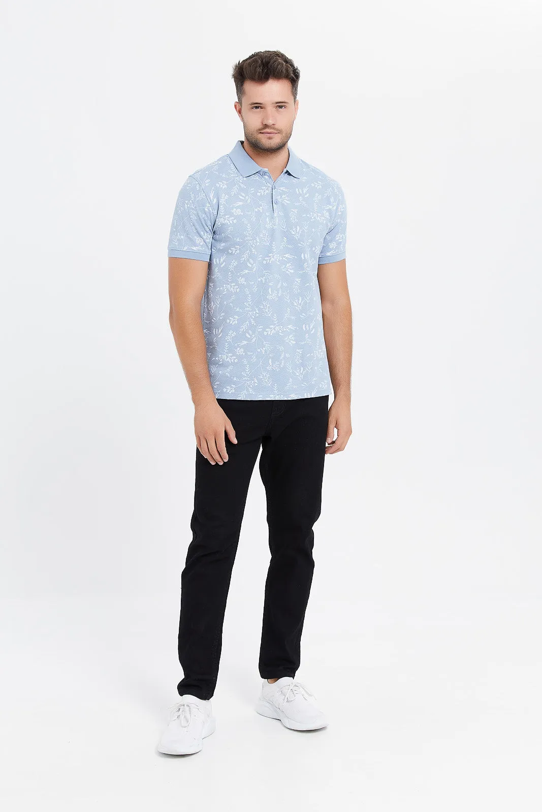 Men Blue Printed Jacquard Polo Shirt