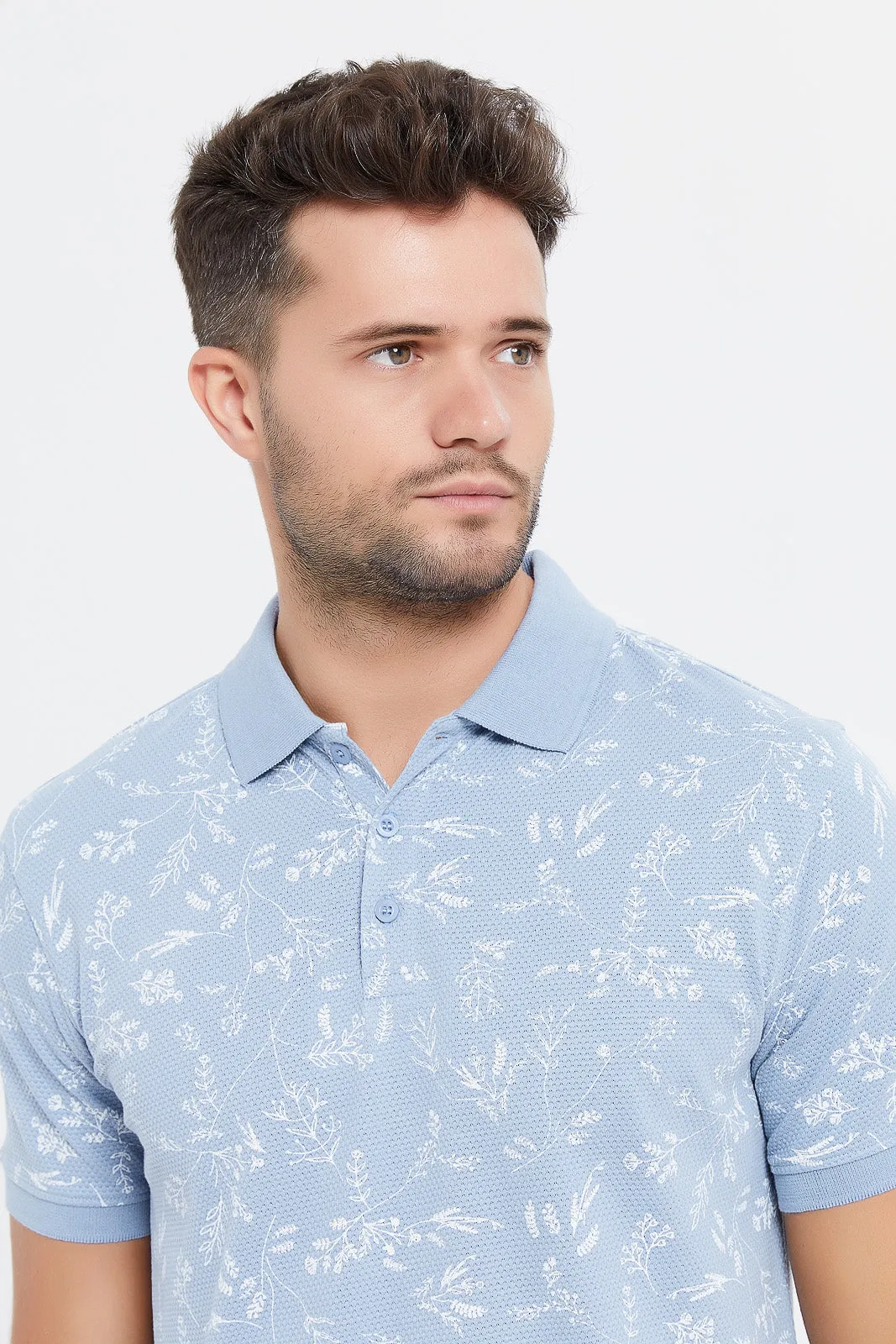 Men Blue Printed Jacquard Polo Shirt