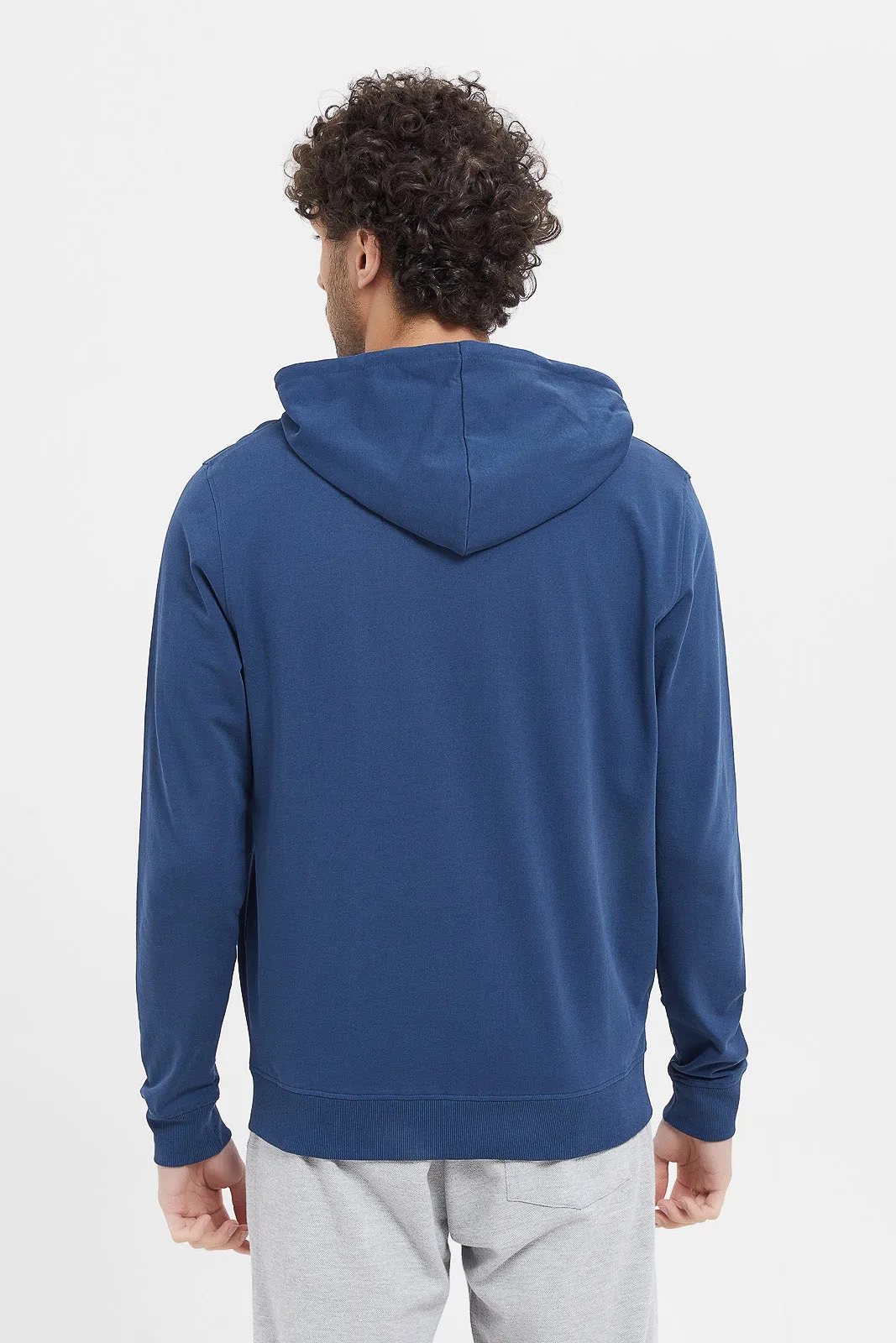 Men Blue Zip Hooded Sweatshirt