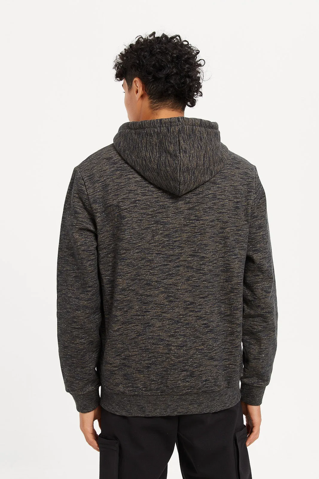 Men Brown Jacquard Zip Hooded Sweatshirt