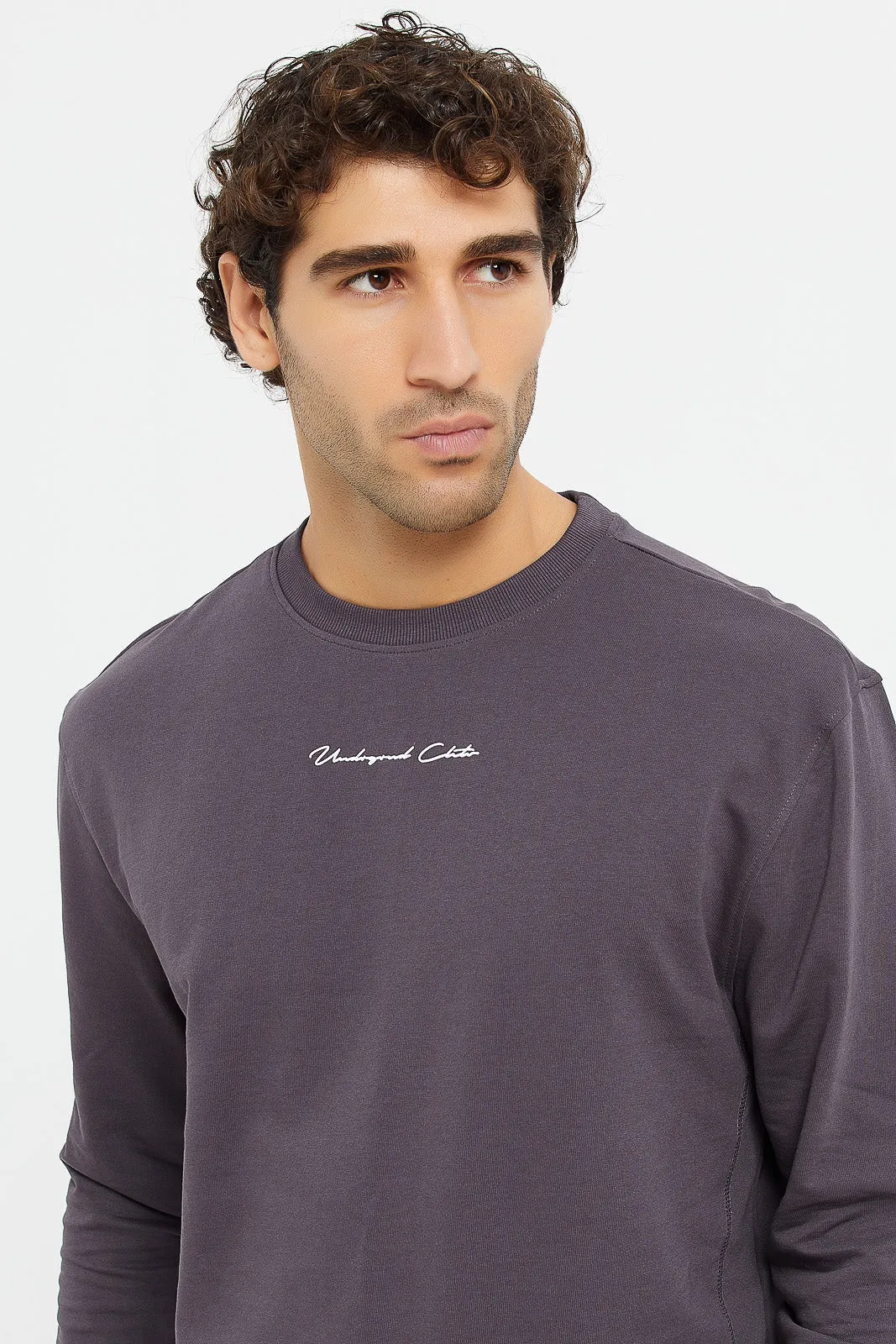 Men Charcoal Embroidered Sweatshirt