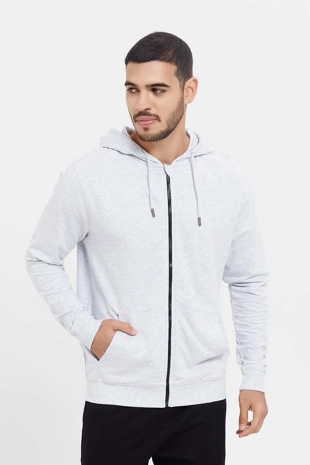 Men Ecru Zip Hooded Sweatshirt