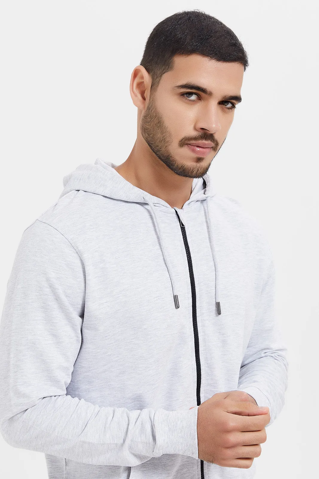 Men Ecru Zip Hooded Sweatshirt