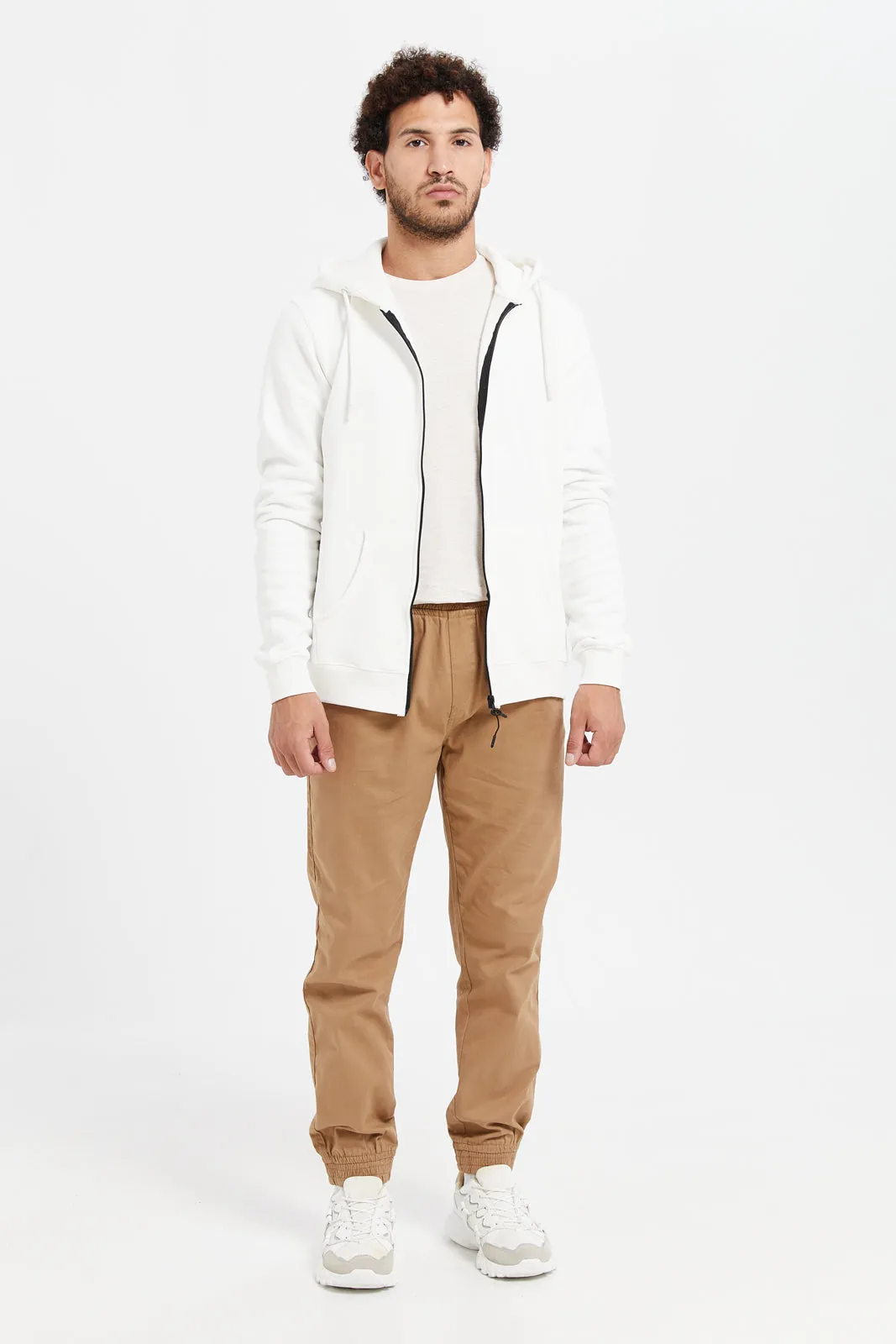 Men Ivory Zip Hooded Sweatshirt