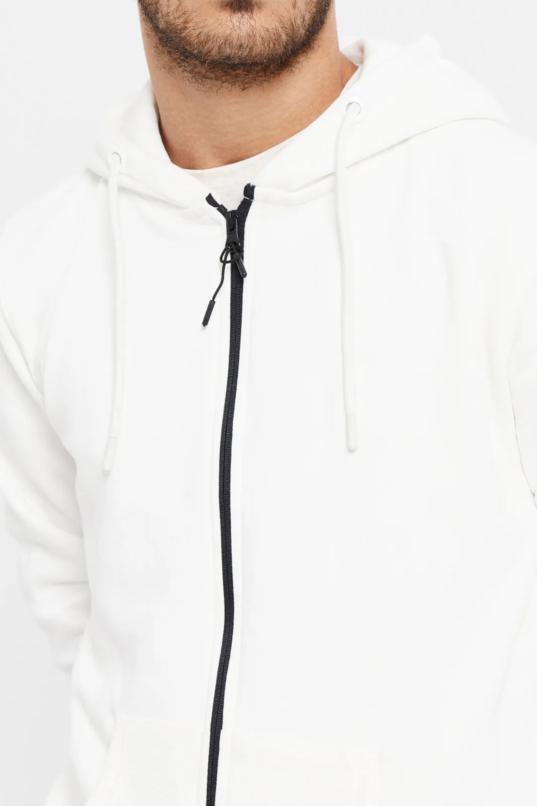 Men Ivory Zip Hooded Sweatshirt