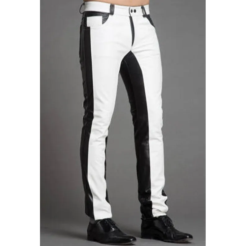 Men Leather Real Jeans Style White/Black Pant Handmade Lambskin Trousers LP-084