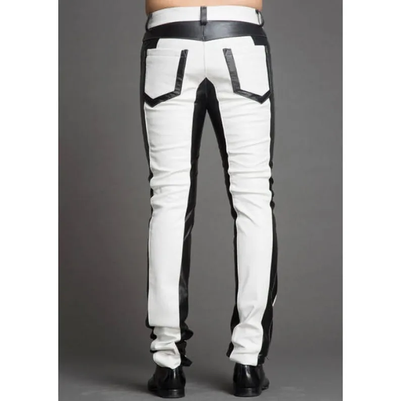 Men Leather Real Jeans Style White/Black Pant Handmade Lambskin Trousers LP-084