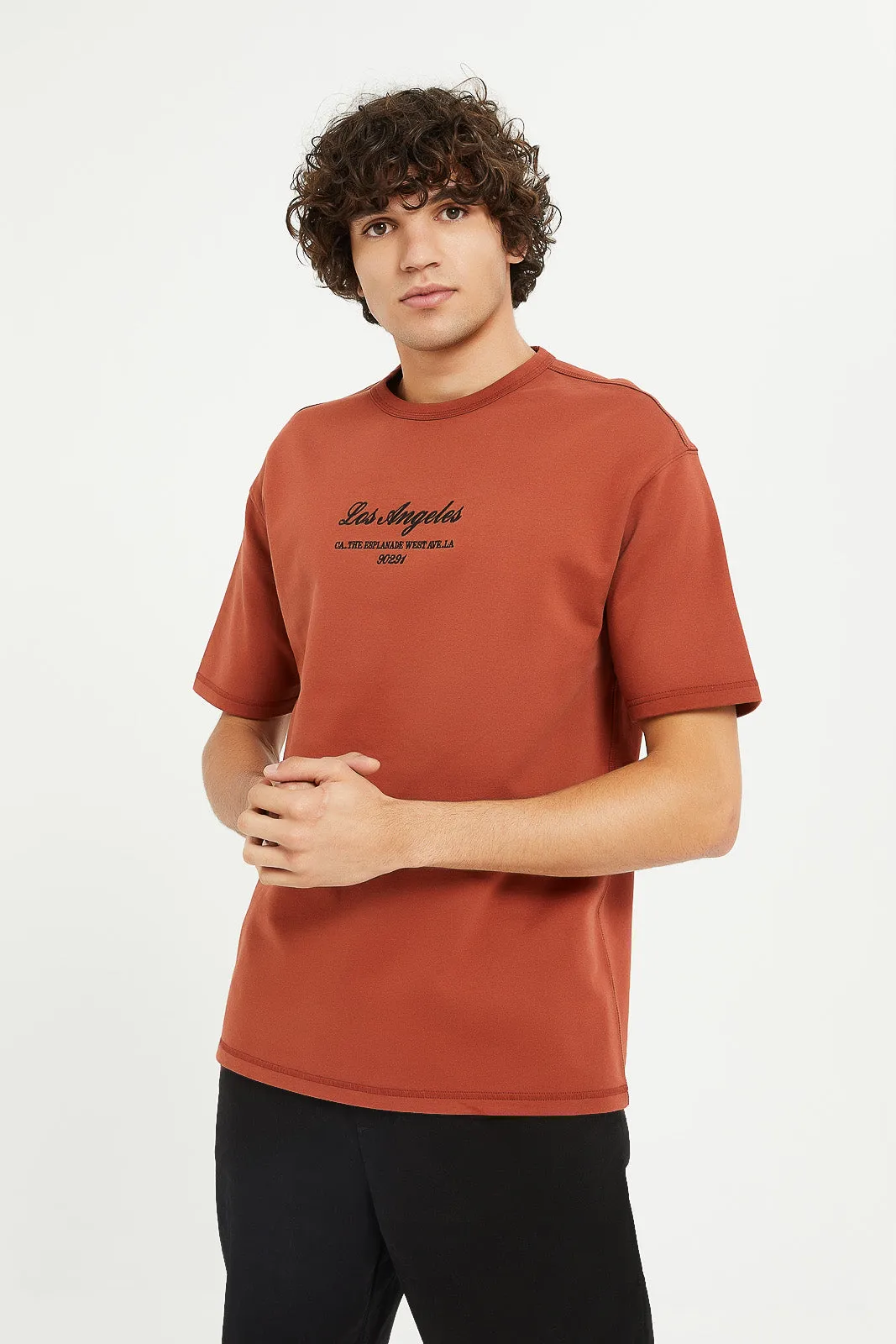 Men Orange Oversize Embroidered Lounge T-Shirt