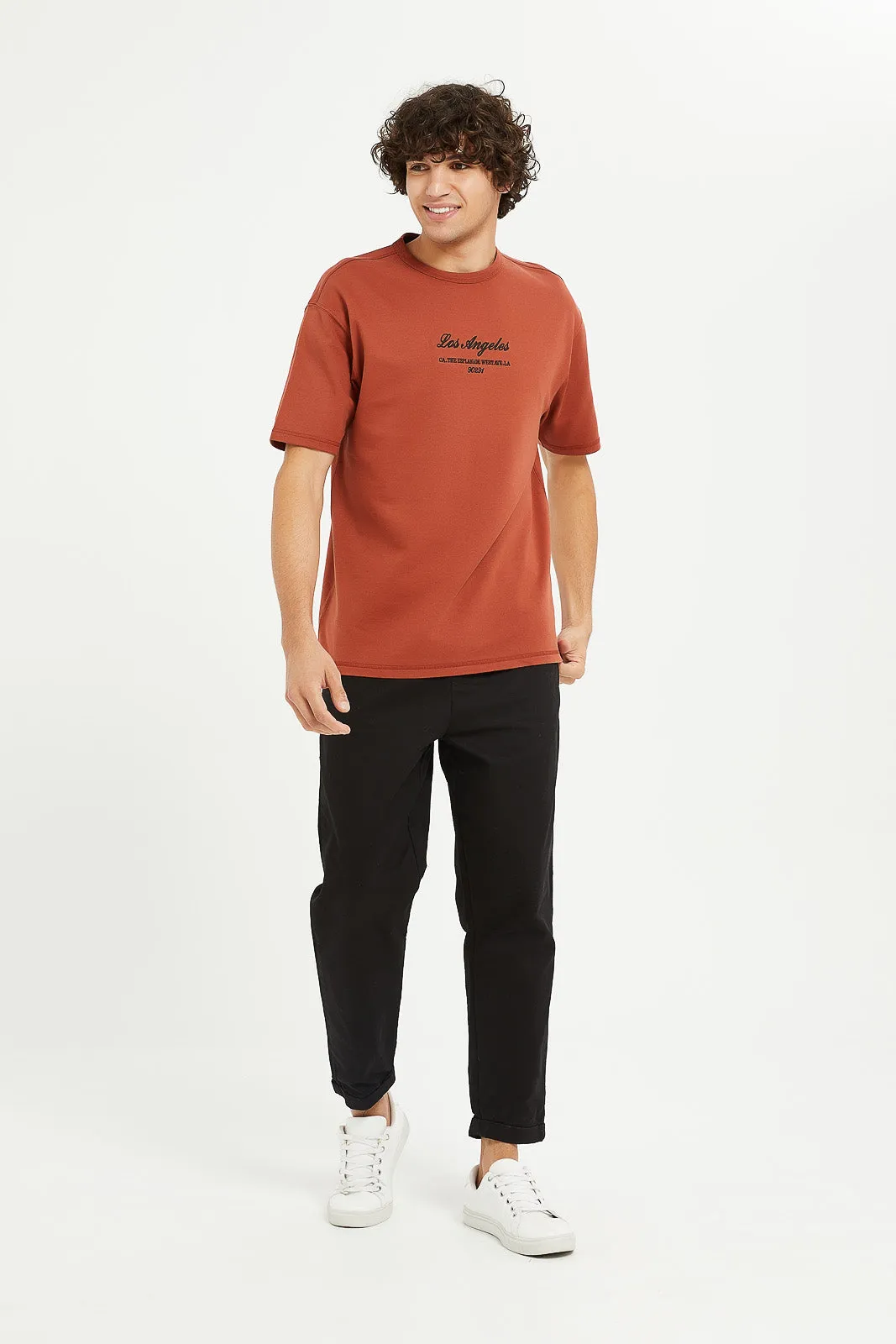 Men Orange Oversize Embroidered Lounge T-Shirt