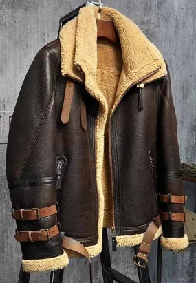 Men’s Aviator Dark Brown Leather Shearling Jacket