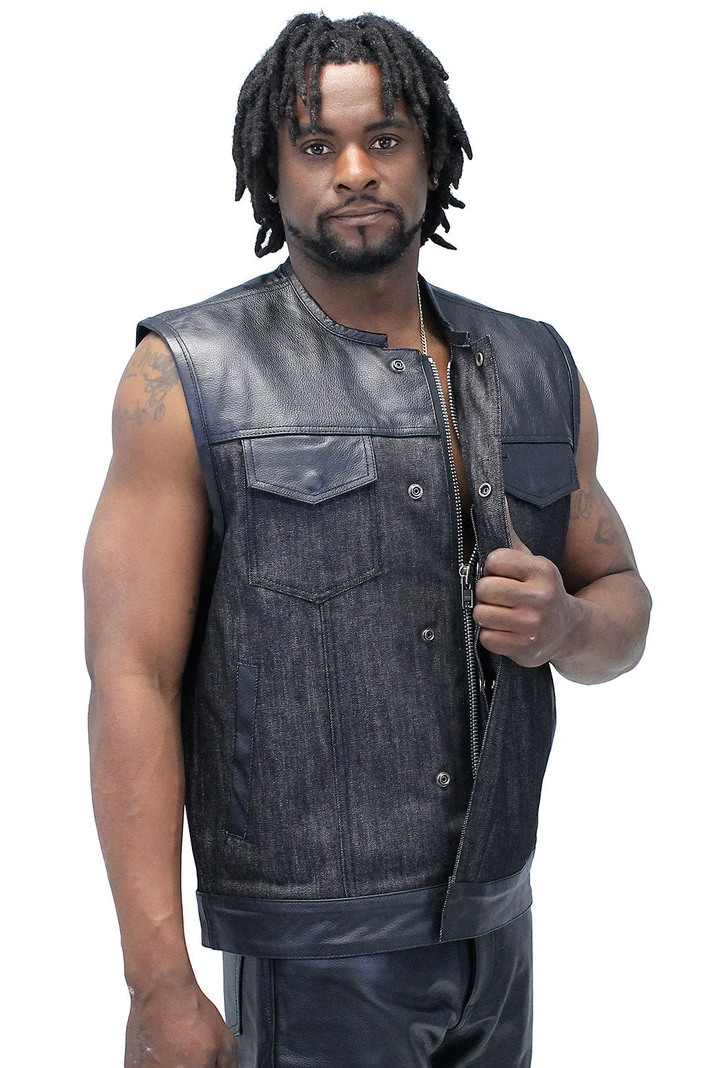 Men's Black Leather and Denim Club Vest w/Easy Access Pocket #VMC913GK