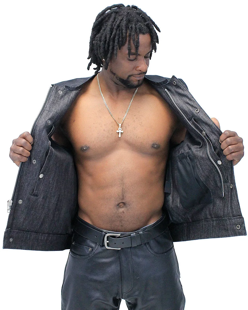 Men's Black Leather and Denim Club Vest w/Easy Access Pocket #VMC913GK