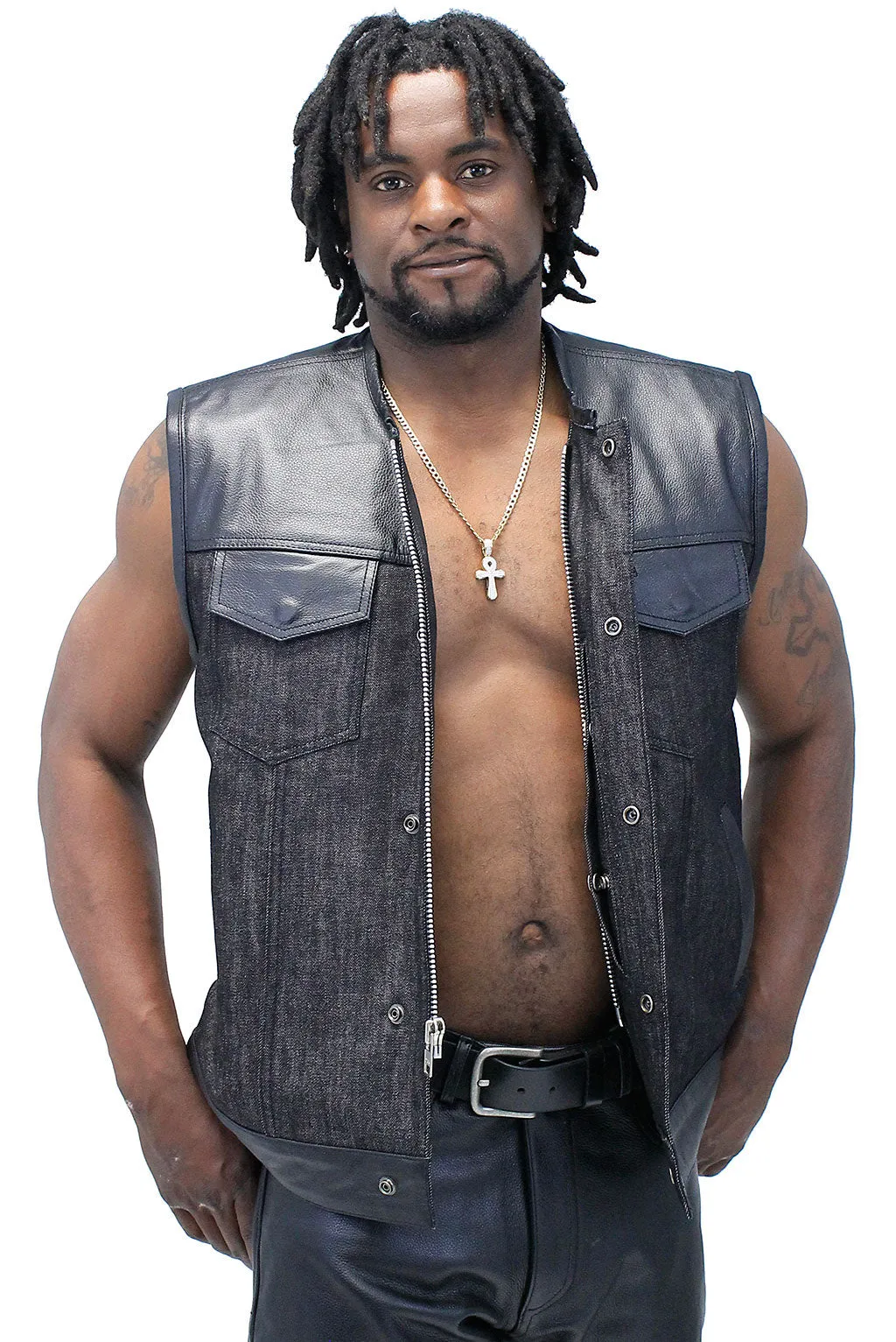 Men's Black Leather and Denim Club Vest w/Easy Access Pocket #VMC913GK