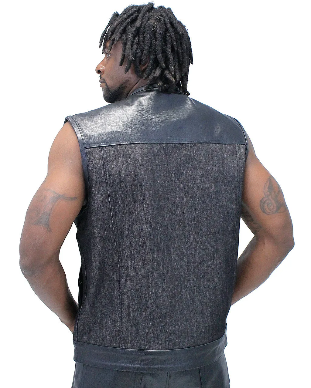 Men's Black Leather and Denim Club Vest w/Easy Access Pocket #VMC913GK