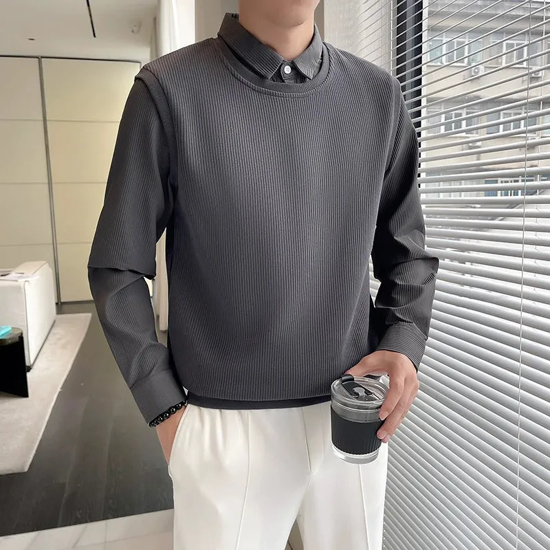 Men's Casual Slim Lapel Long Sleeve Fake Two-piece Sweatshirt