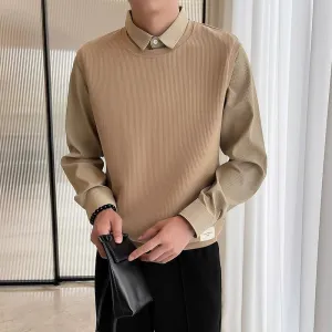 Men's Casual Slim Lapel Long Sleeve Fake Two-piece Sweatshirt