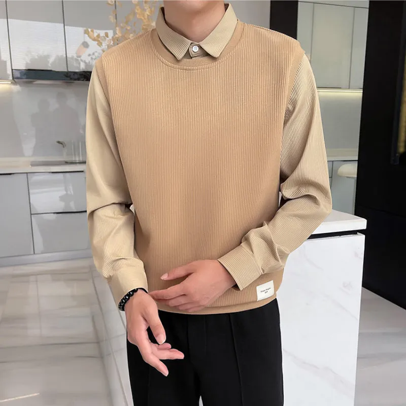 Men's Casual Slim Lapel Long Sleeve Fake Two-piece Sweatshirt