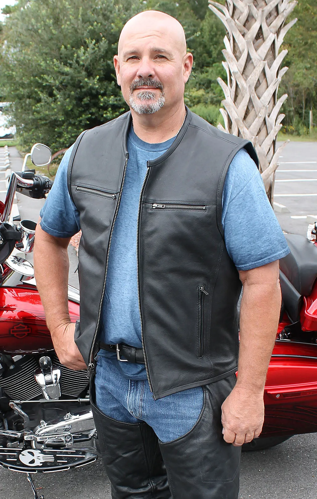 Men's Collarless Leather Zipper Club Vest with 4 Zip Pockets #VM6721GZK