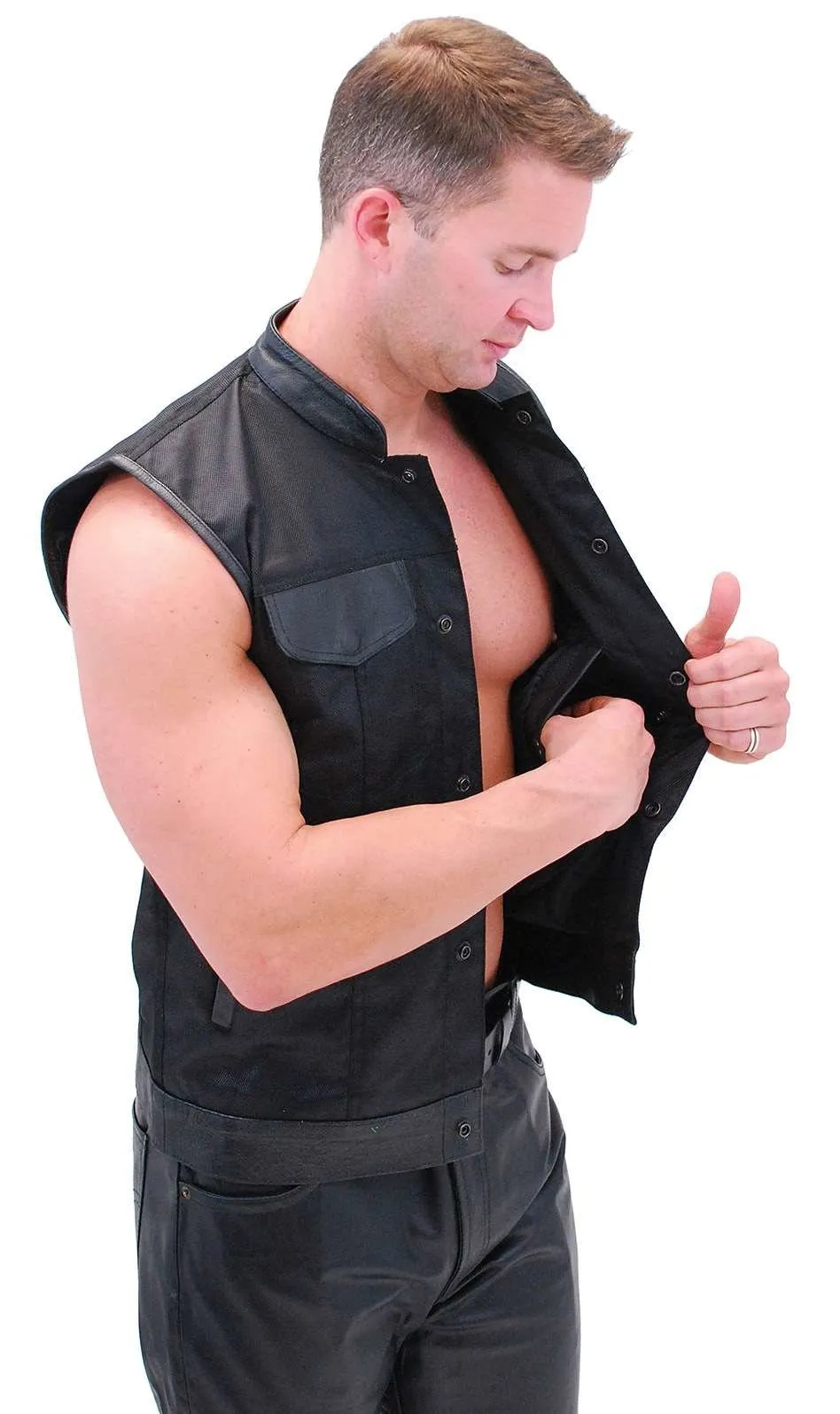 Men's Leather & Nylon Anarchy Biker Club Vest w/Concealed Pockets #VMC720K