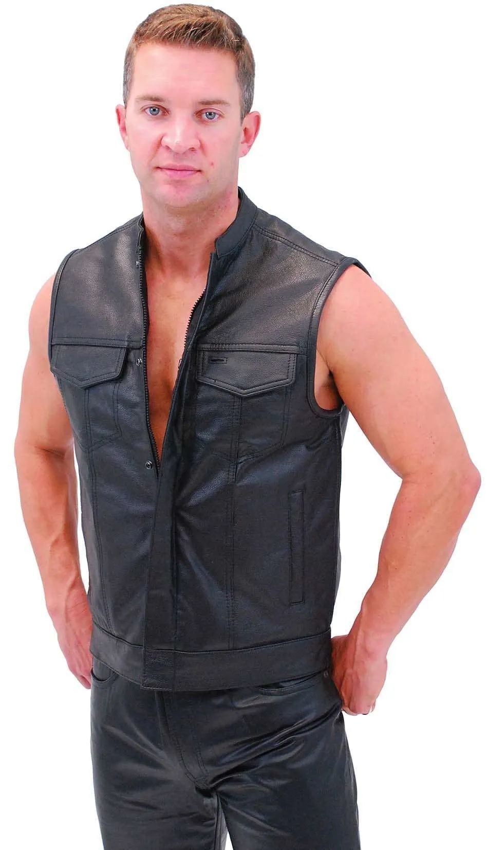 Men's Snap & Zip Buffalo Leather Club Vest w/1 Piece Back #VM690GZK ()