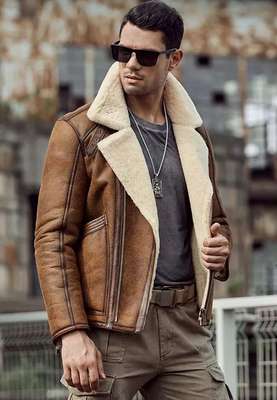 Men’s Tan Brown Leather Shearling Jacket