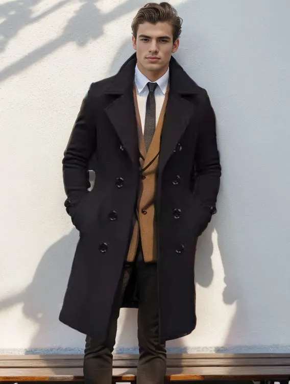 Mid-length Double-breasted Men's Slim-fit Woolen Coat