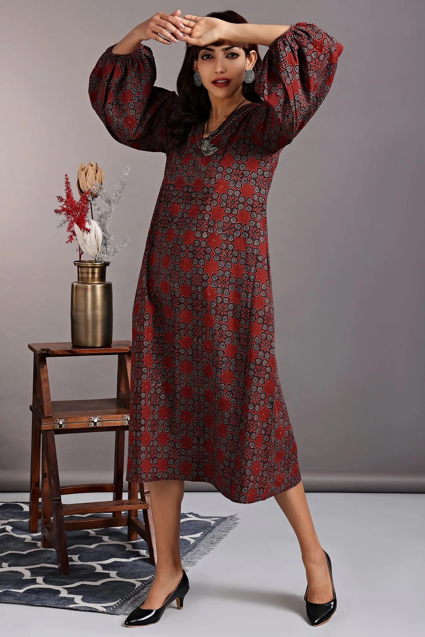 midi dress with boxy sleeves - vintage merlot & mughal jaali