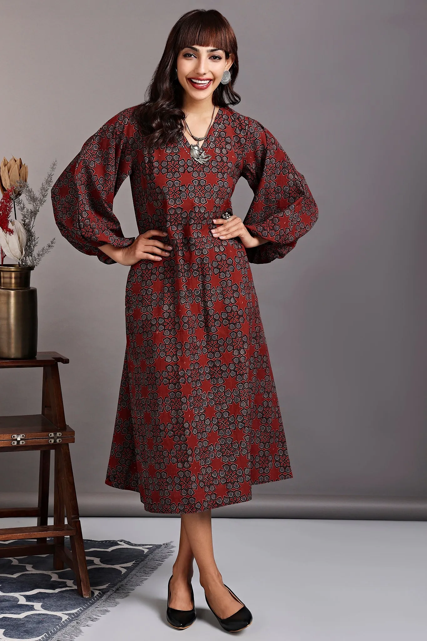 midi dress with boxy sleeves - vintage merlot & mughal jaali