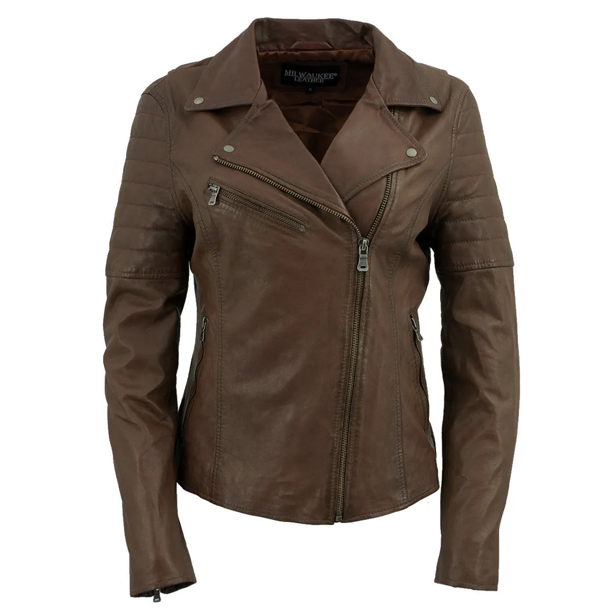 Milwaukee Leather Brown Vintage Motorcycle Inspired Vegan Tan Fashion Leather Jacket for Women SFL2812