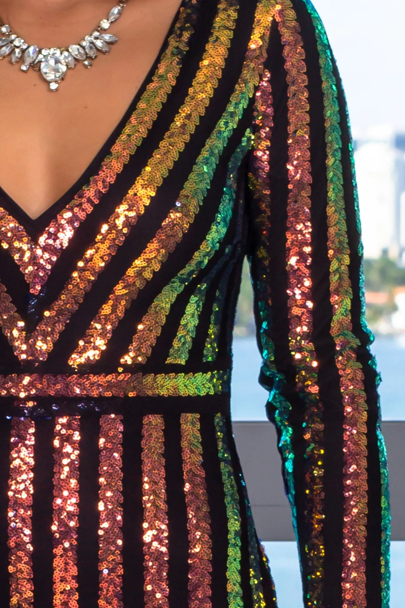 Multicolor V-Neck Sequin Short Dress