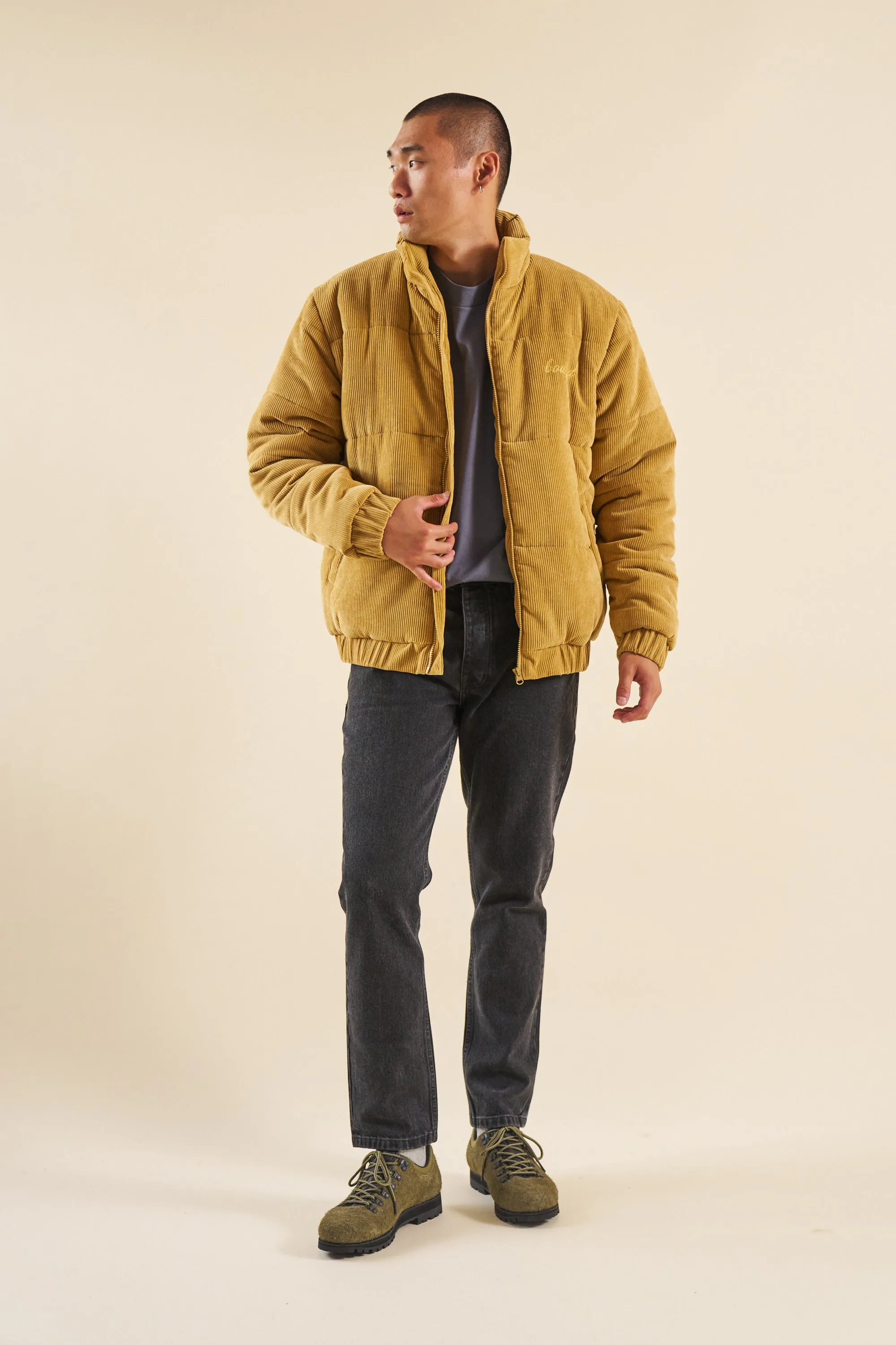 MUSTARD CORD PUFFER COAT