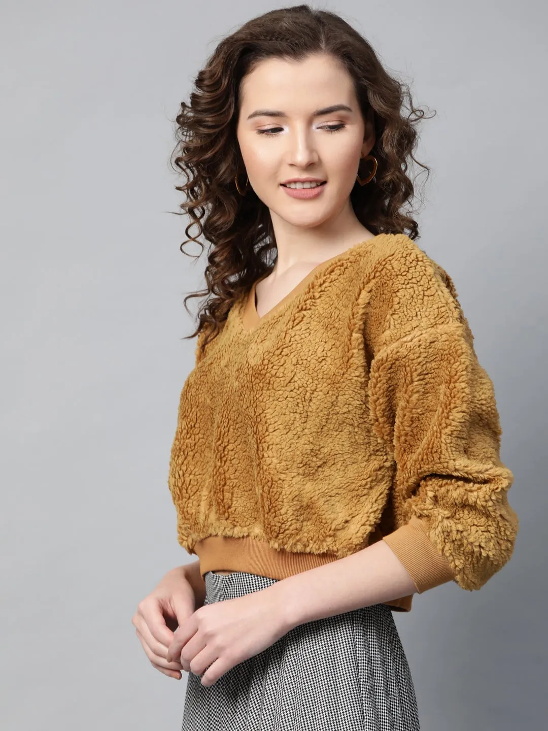 Mustard V-Neck Faux Fur Crop Sweatshirt