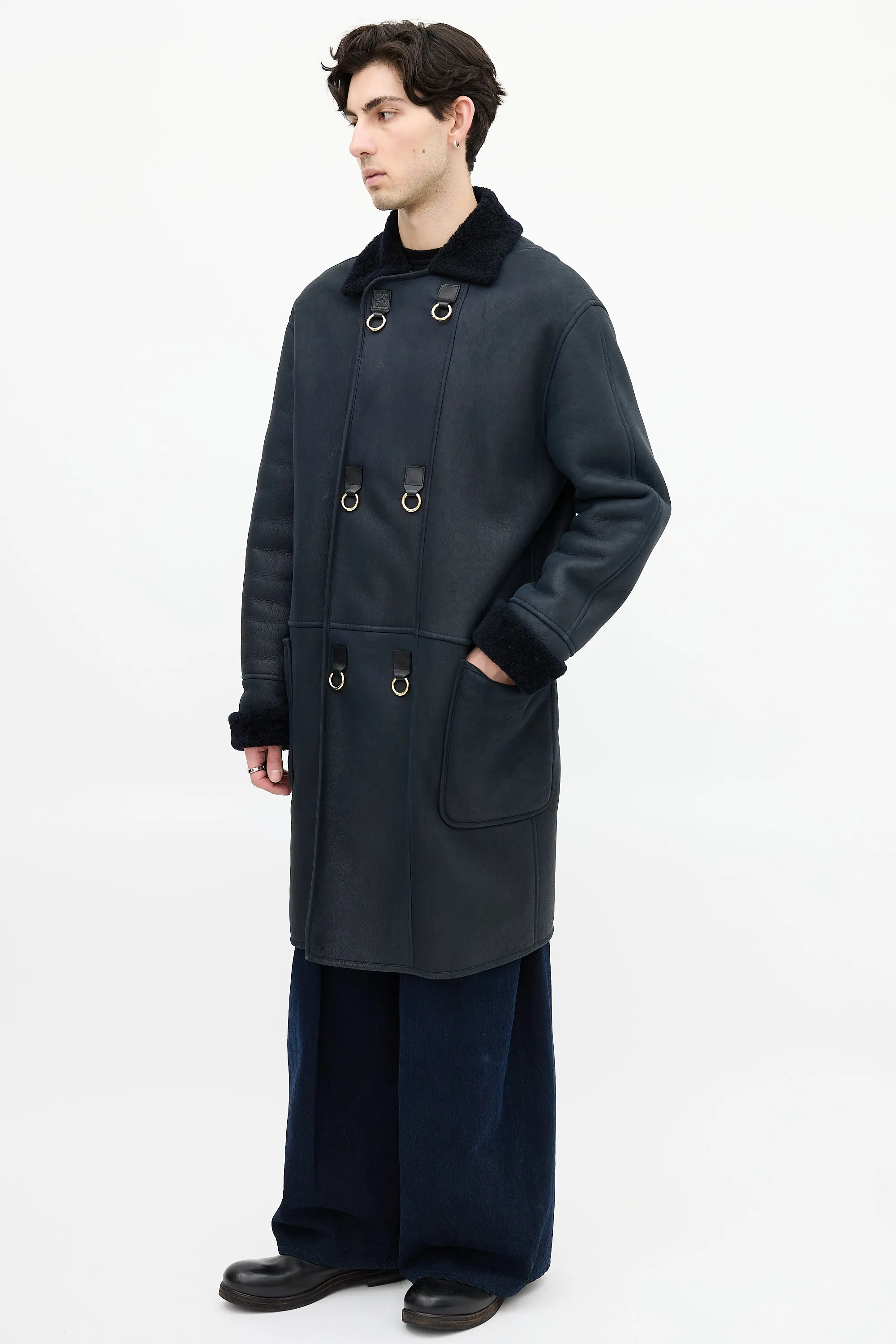 Navy Leather & Shearling Embellished Coat