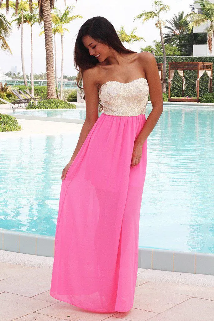 Neon Pink Maxi Dress with Sequin Top