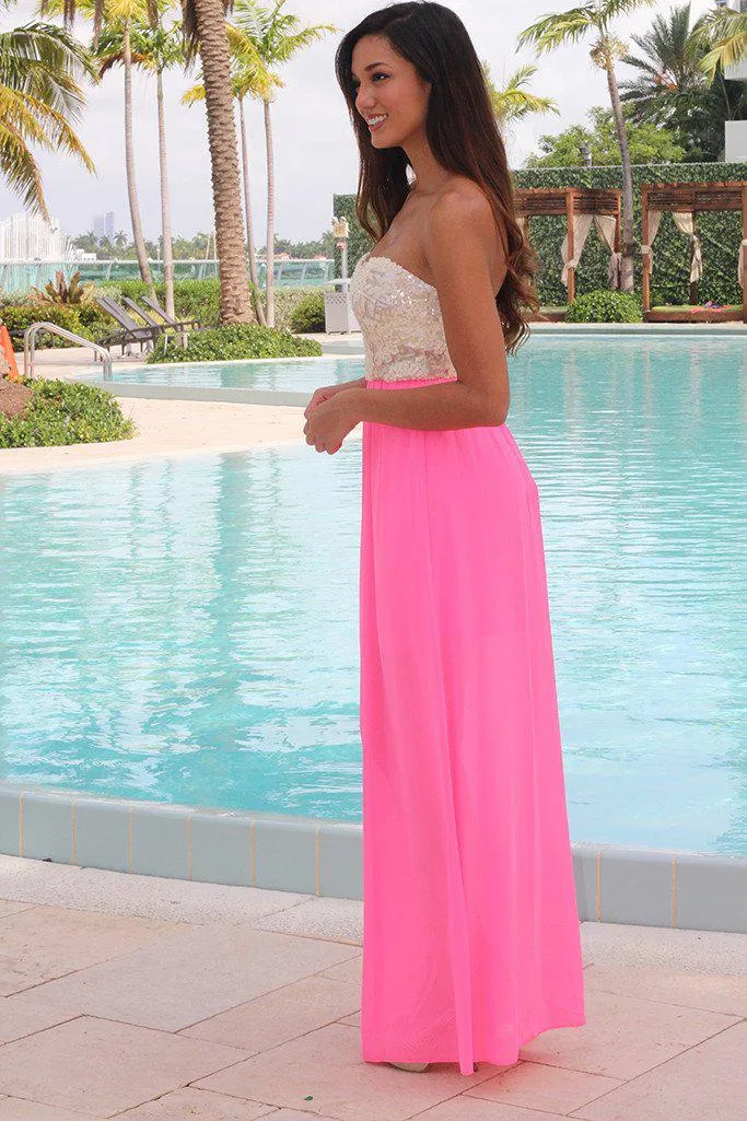 Neon Pink Maxi Dress with Sequin Top