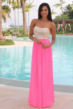 Neon Pink Maxi Dress with Sequin Top