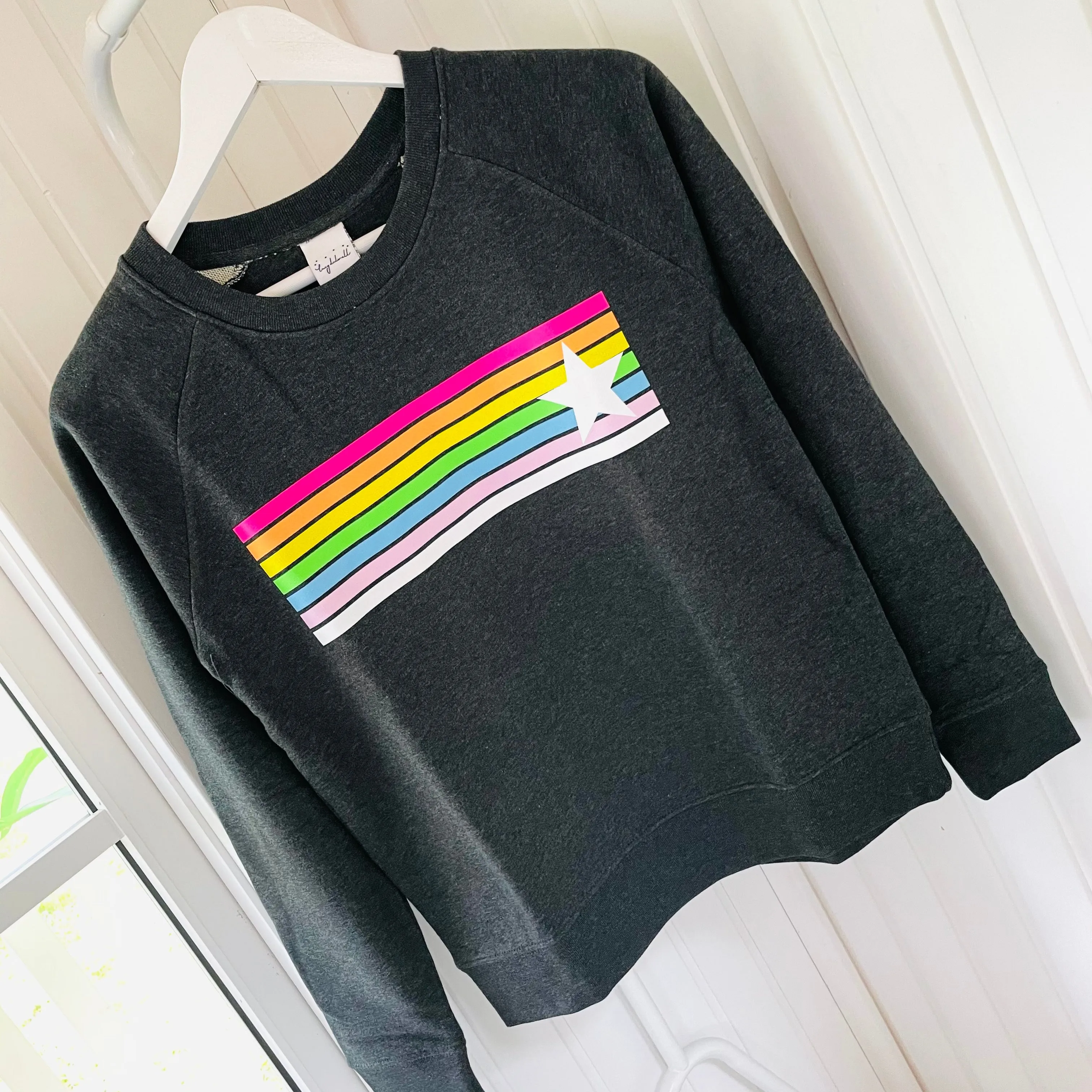 Neon rainbow & star charcoal grey marl sweatshirt *new*