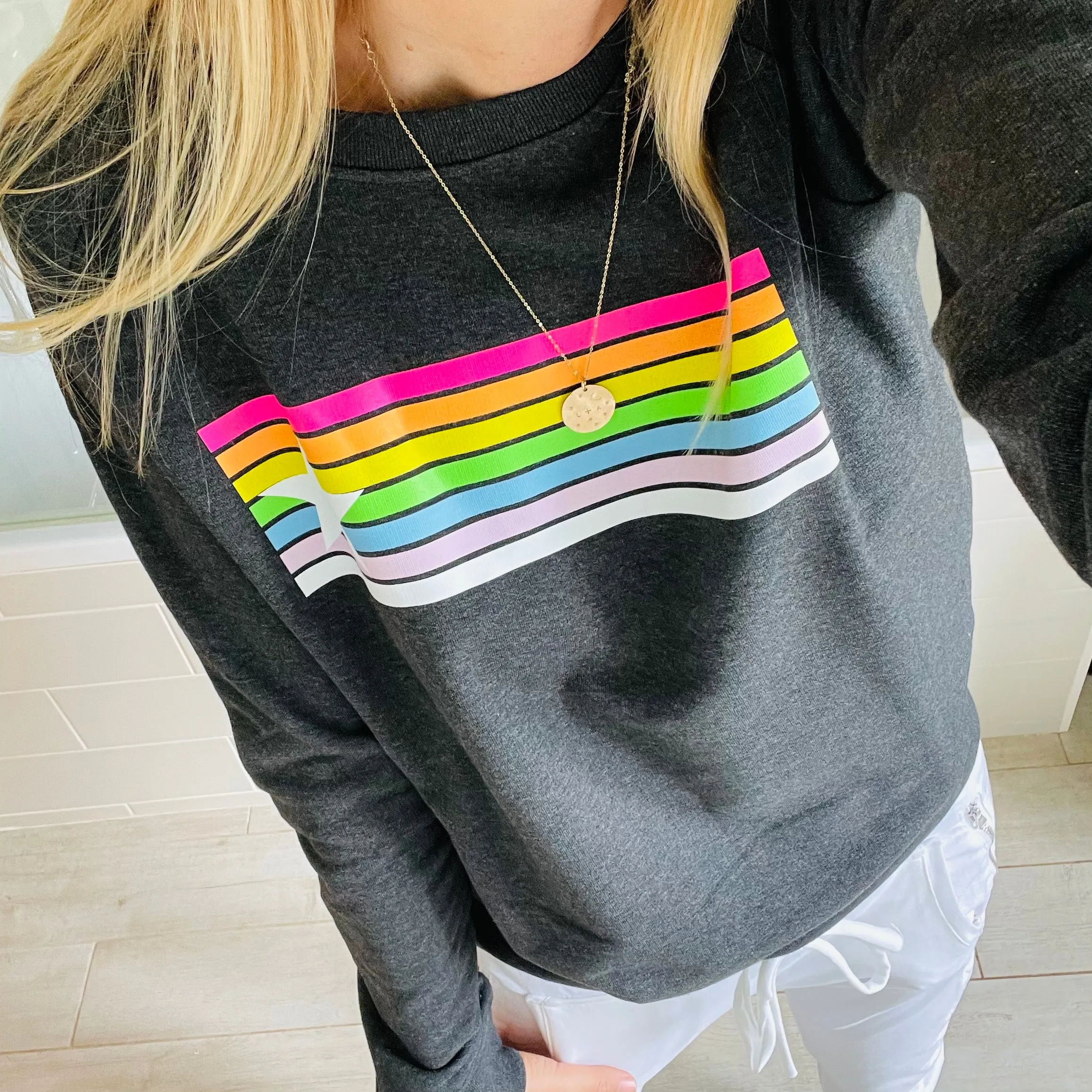 Neon rainbow & star charcoal grey marl sweatshirt *new*