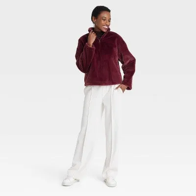 New - Women's Faux Fur Quarter Zip Sweatshirt - A New Day Burgundy S