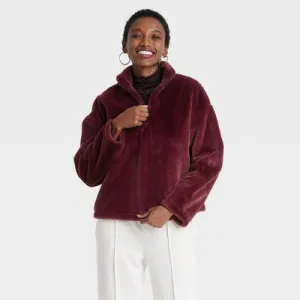 New - Women's Faux Fur Quarter Zip Sweatshirt - A New Day Burgundy S