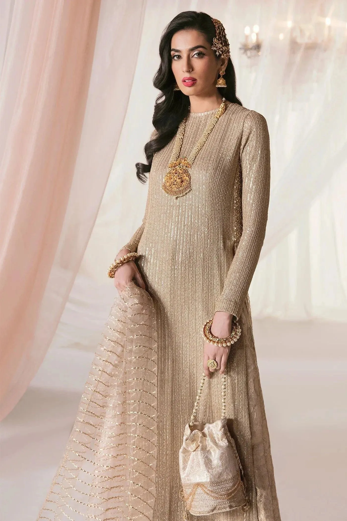 Nilofer Shahid - Premium Chiffon Heavy Embroidered Shirt and Khimkhaab Pants with Organza Dupatta - Ecstasy - 3 Piece