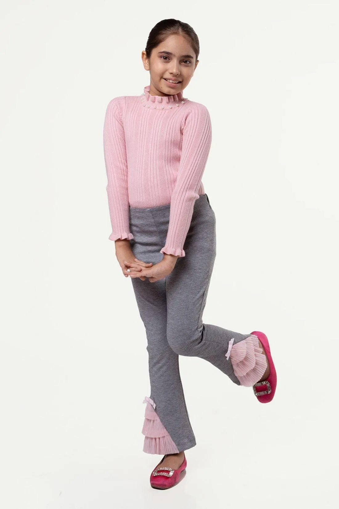 One Friday Varsity Chic Grey Bell Bottoms with Baby Pink Frills