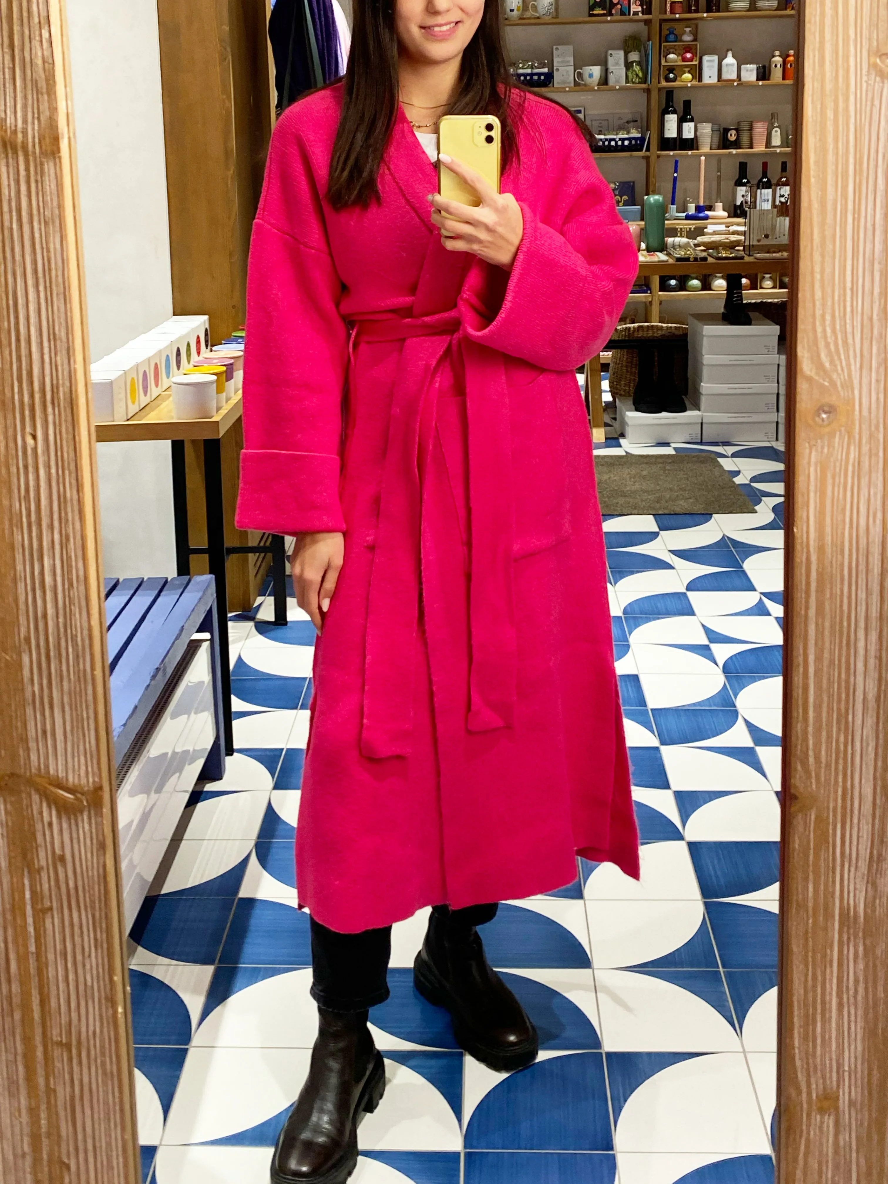 OVERSIZED KNIT COAT WITH BELT PINK