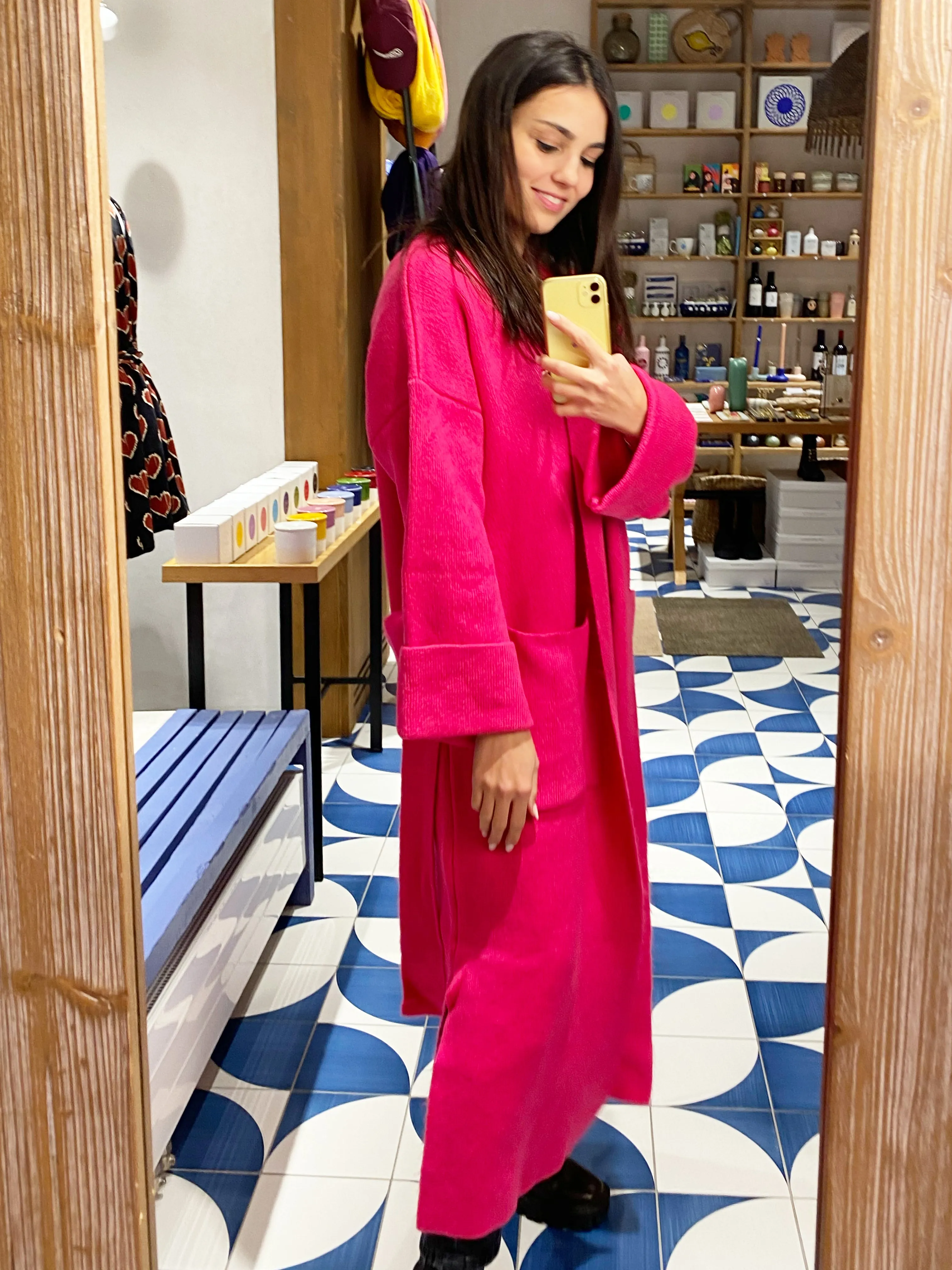 OVERSIZED KNIT COAT WITH BELT PINK