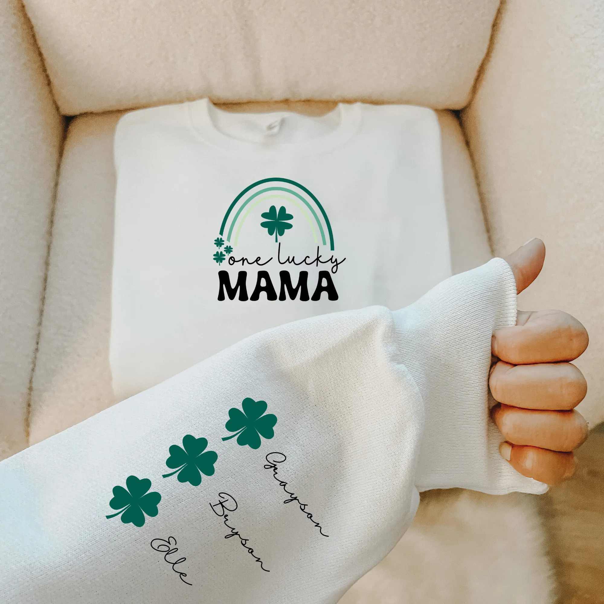 Personalized St. Patrick's Day Mama Sweatshirt with Names on the Sleeve